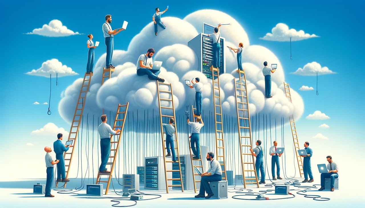 A whimsical and metaphorical illustration of cloud engineers working on cloud projects. The scene is set in a bright, blue sky with fluffy, white clouds.