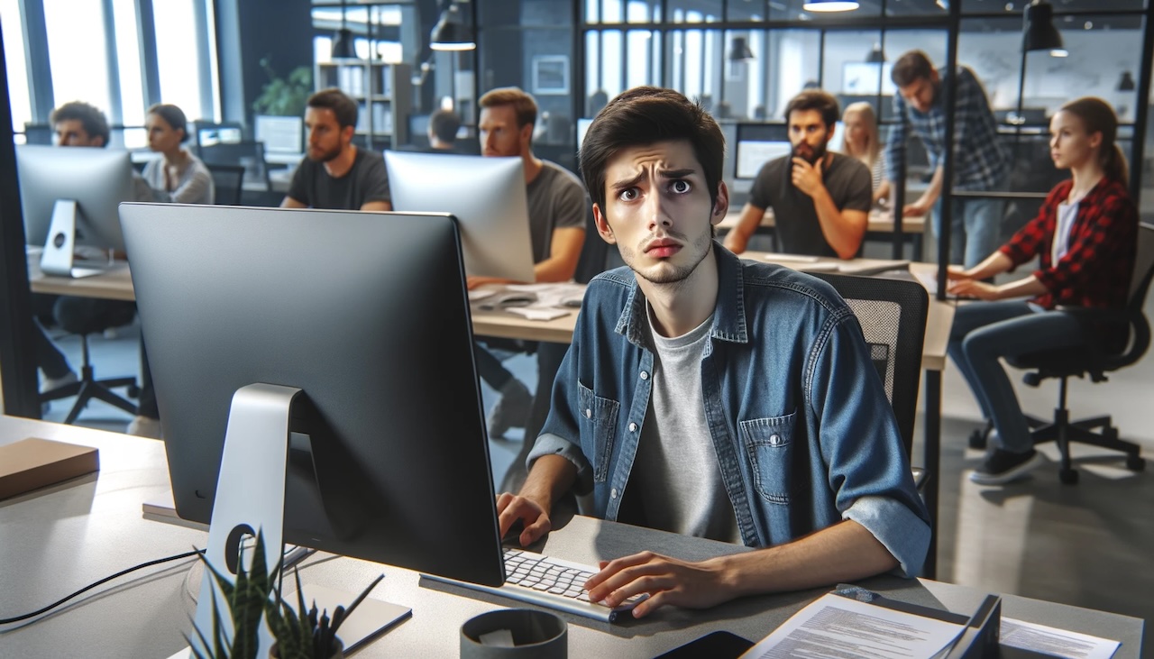In a bustling office setting, a young male developer sits perplexed in front of a computer screen, his eyes wide with confusion about Git conflicts.